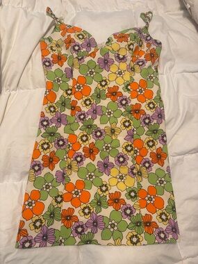 Zara Floral Sweetheart Mini Dress in Orange, Green & Purple